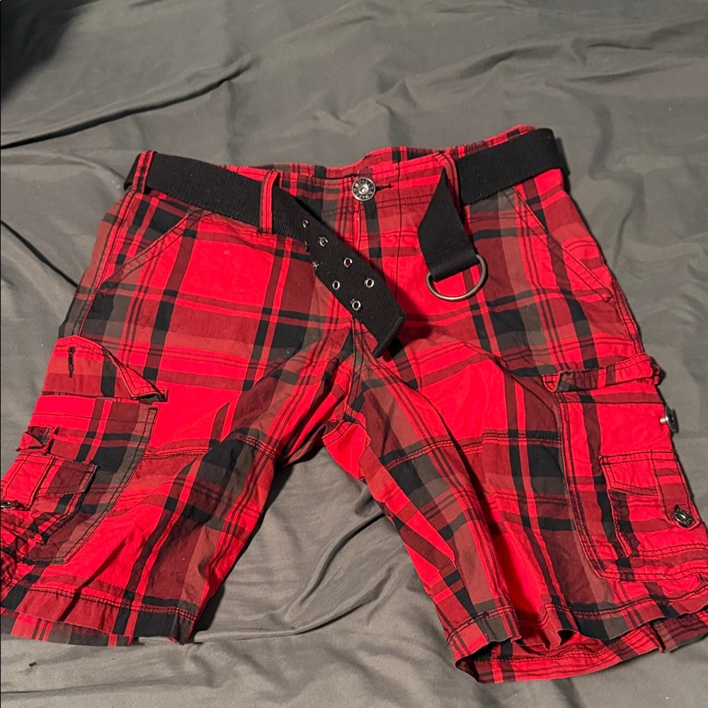Guess Red and Black Plaid Cargo Shorts with Black Web Belt